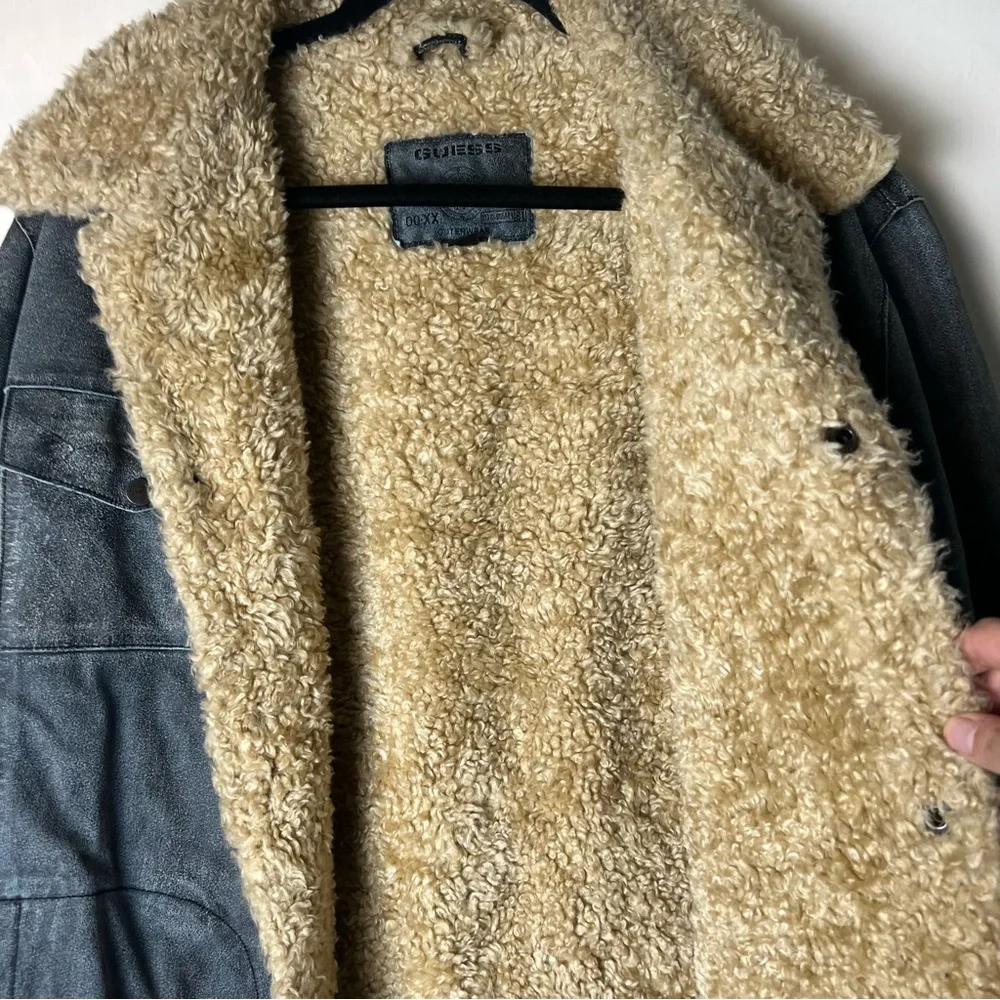 Guess Men’s Vintage Leather Sherpa Lined Trucker Jacket Distressed Gray Y2K Sz L
